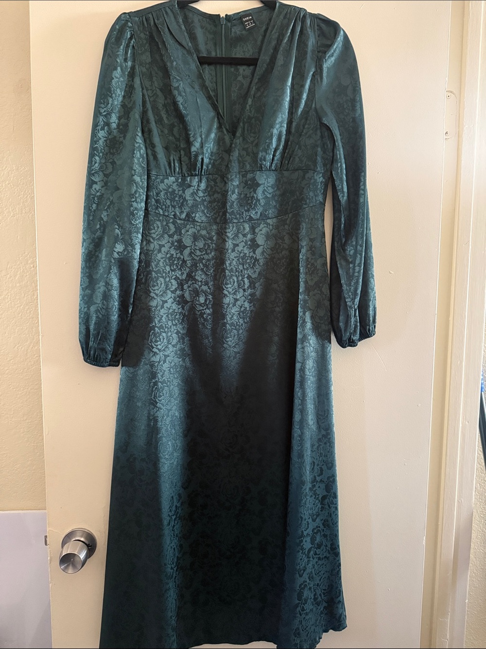 SHEIN Teal Long Sleeve Jacquard Midi Dress
